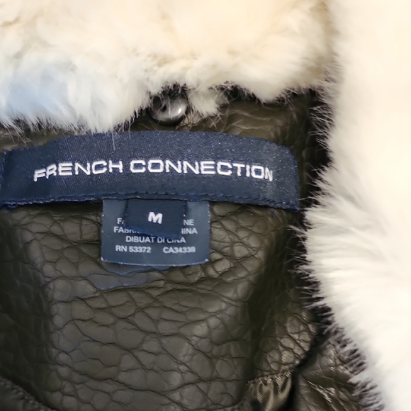 French Connection Dark Olive Faux Leather Jacket with White Fur Collar - Picture 2 of 8